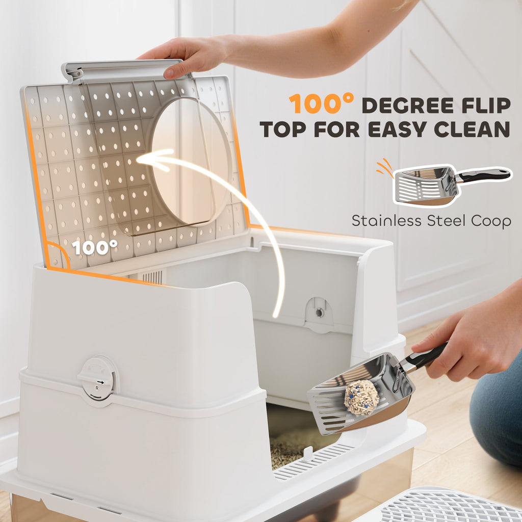 XL Stainless Steel Litter Box w/ 100° Flip Top, Scoop & Step