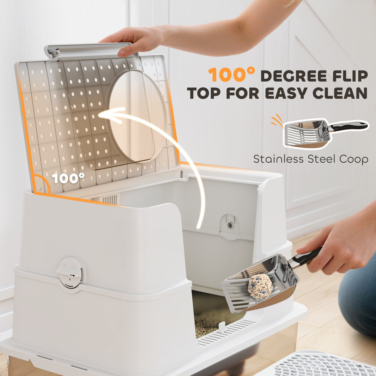 XL Stainless Steel Litter Box w/ 100° Flip Top, Scoop & Step