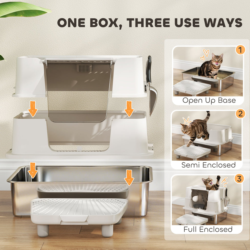 XL Stainless Steel Litter Box w/ 100° Flip Top, Scoop & Step