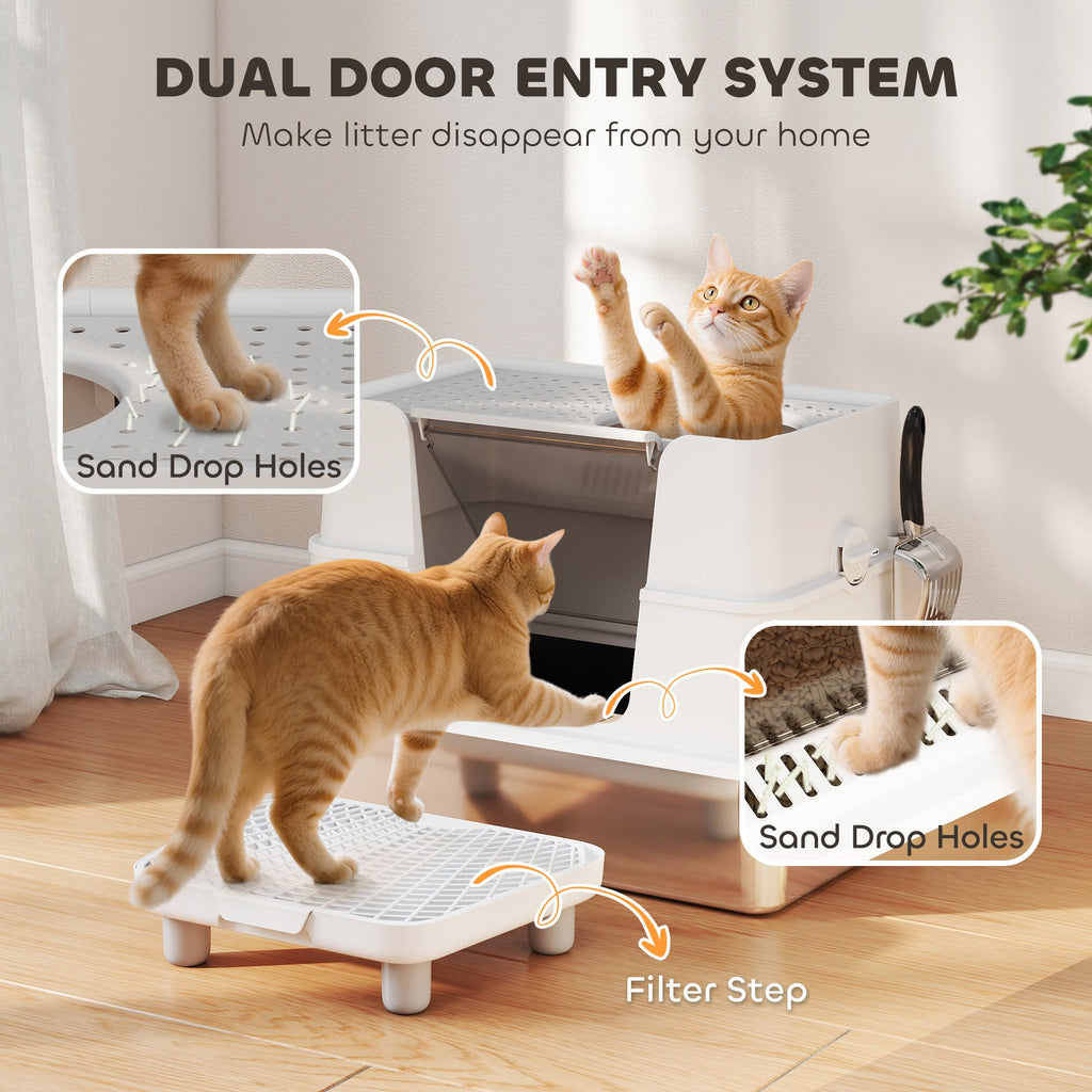 XL Stainless Steel Litter Box w/ 100° Flip Top, Scoop & Step