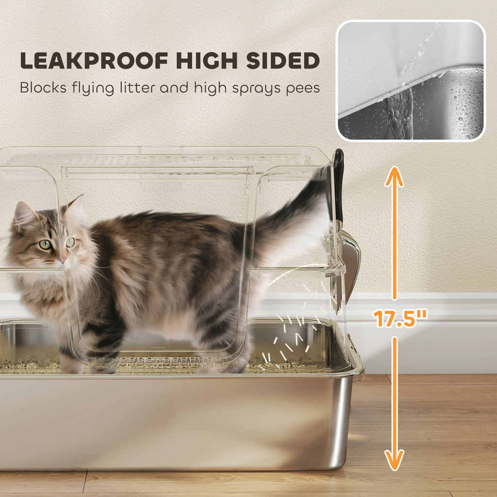 XL Stainless Steel Litter Box w/ 100° Flip Top, Scoop & Step