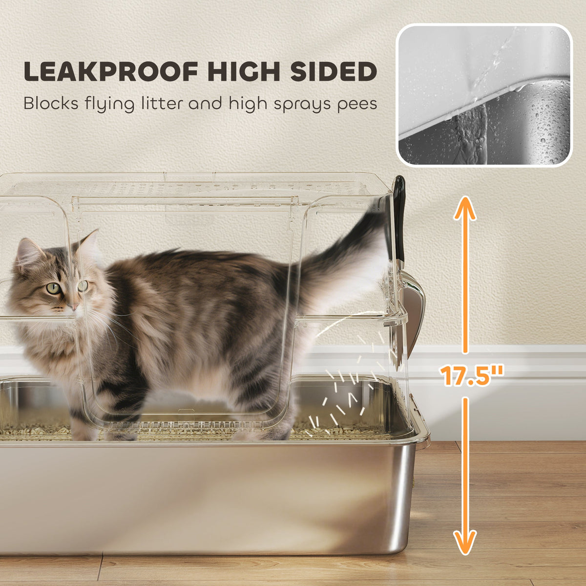 XL Stainless Steel Litter Box w/ 100° Flip Top, Scoop & Step