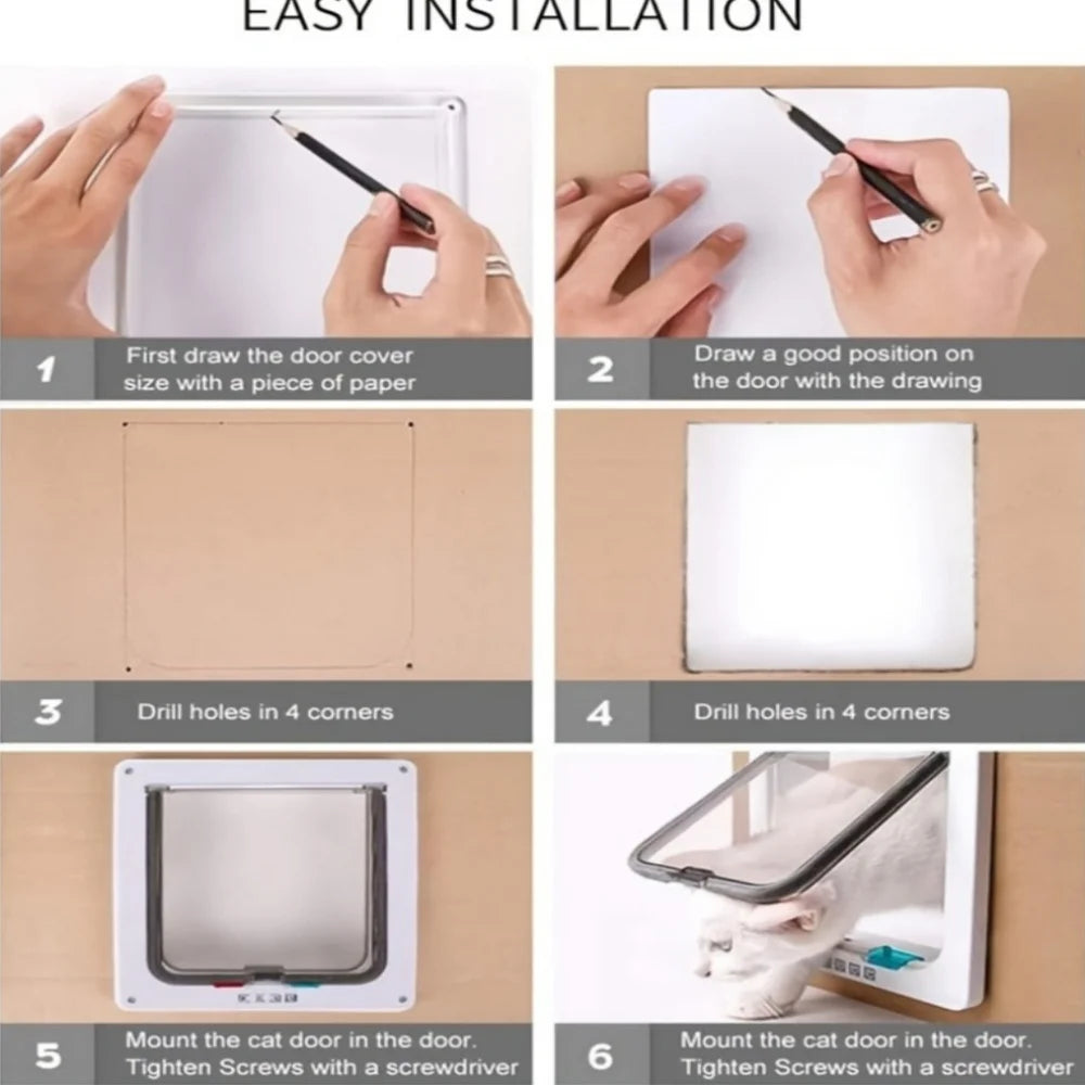 Four-Way Safety Lock Flip Door | Weatherproof PVC Pet Door for Cats