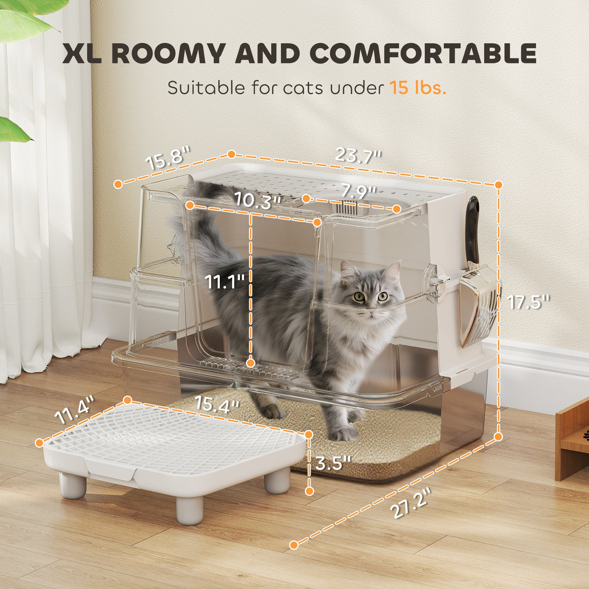 XL Stainless Steel Litter Box w/ 100° Flip Top, Scoop & Step