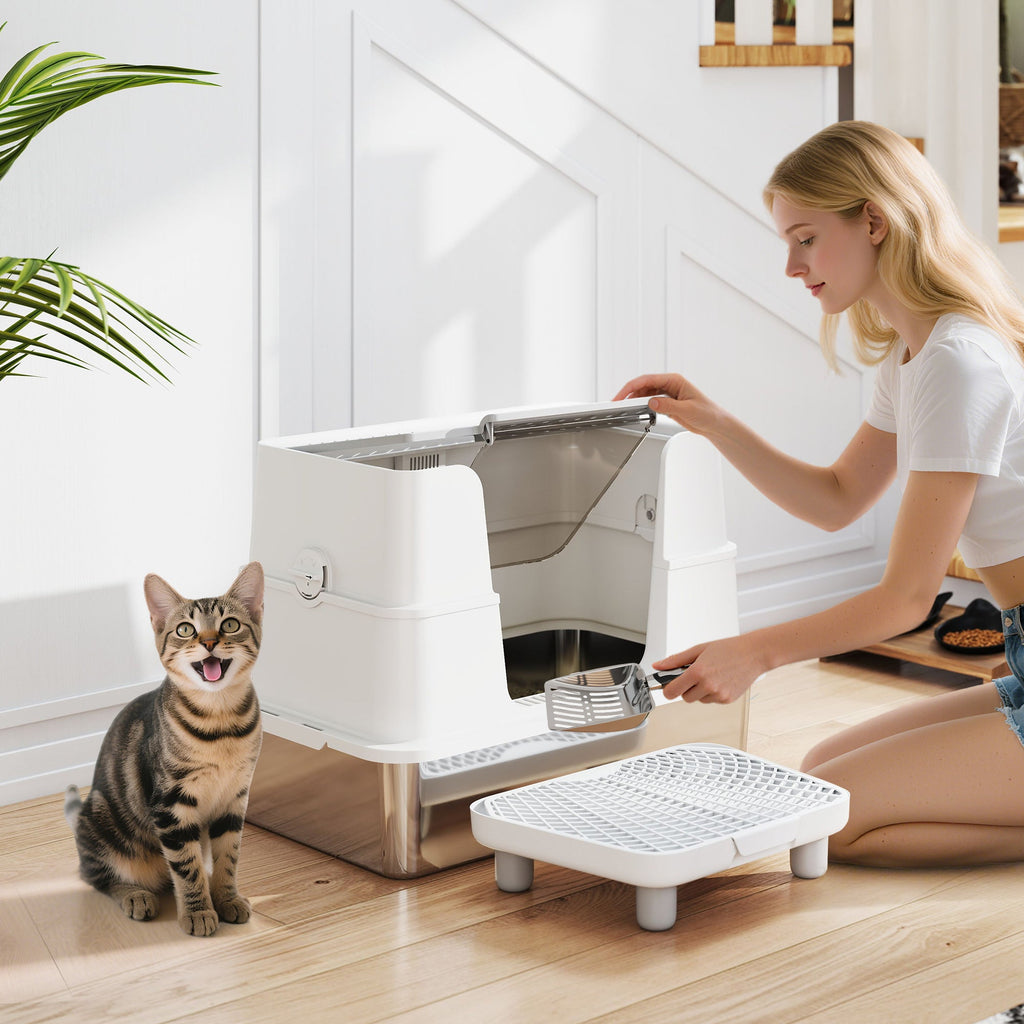 XL Stainless Steel Litter Box w/ 100° Flip Top, Scoop & Step