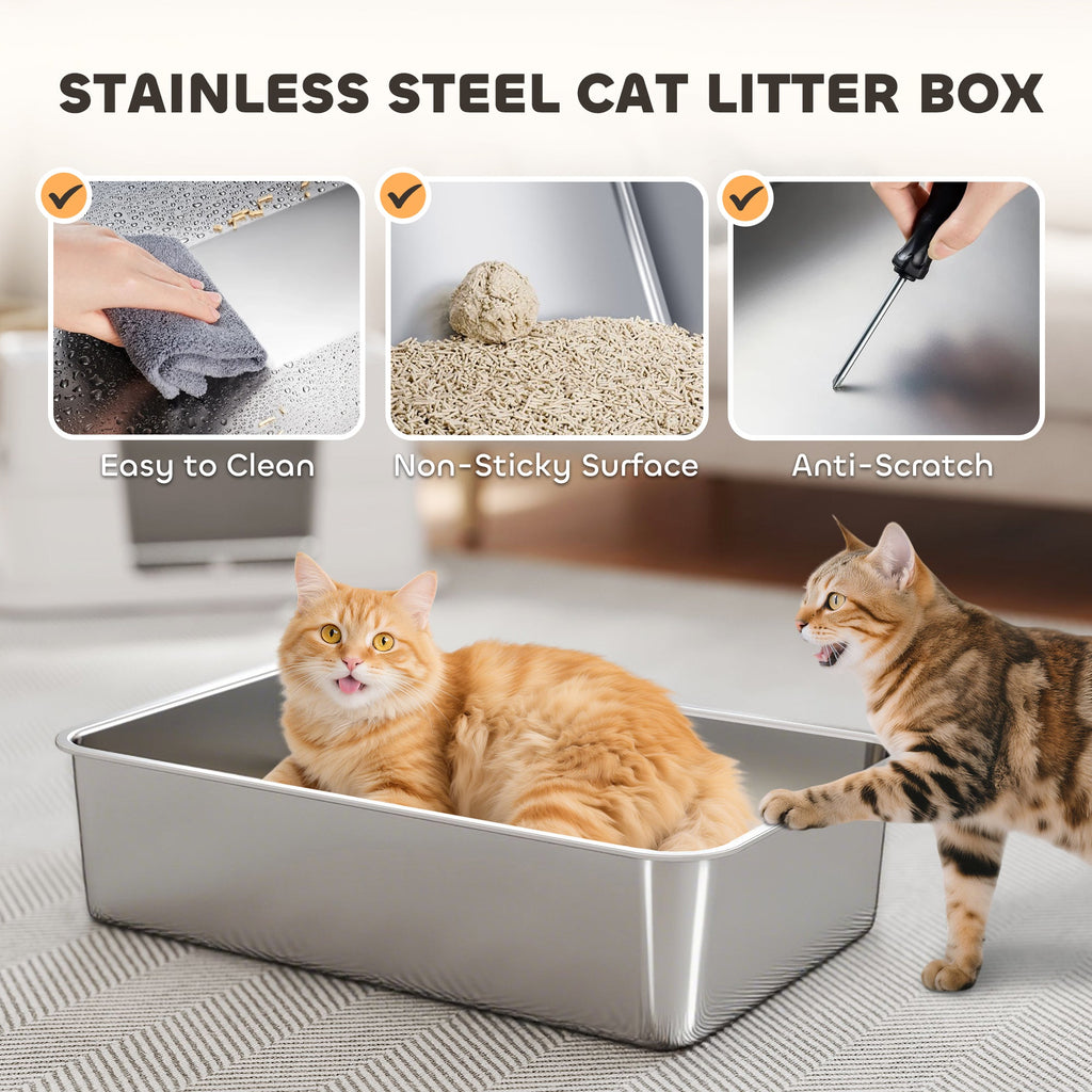 XL Stainless Steel Litter Box w/ 100° Flip Top, Scoop & Step