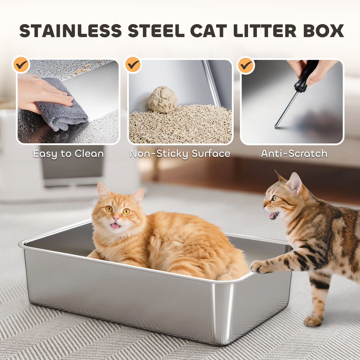 XL Stainless Steel Litter Box w/ 100° Flip Top, Scoop & Step